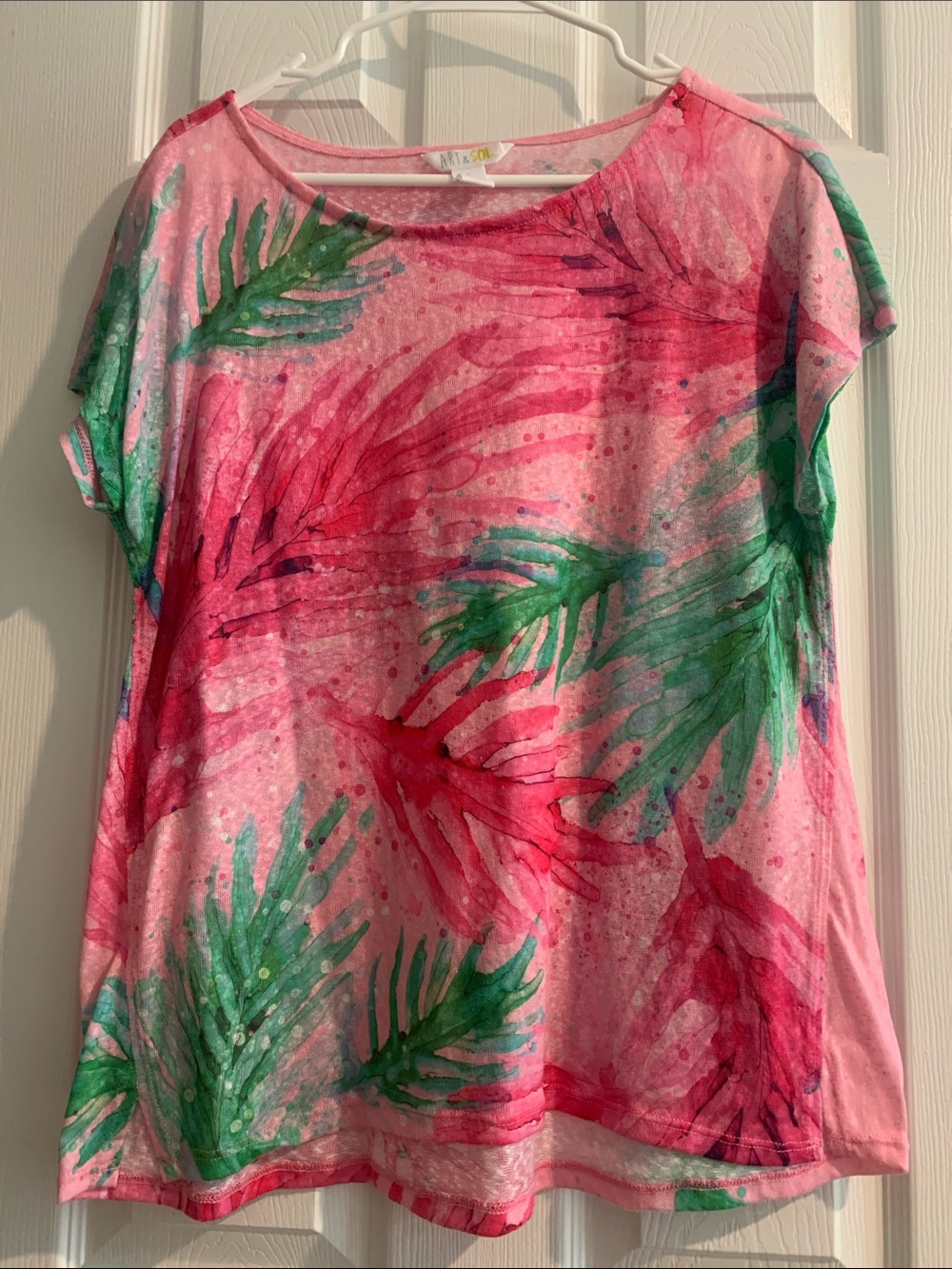Pink Tropical Watercolor Tee with Green & Pink Leaf Print
